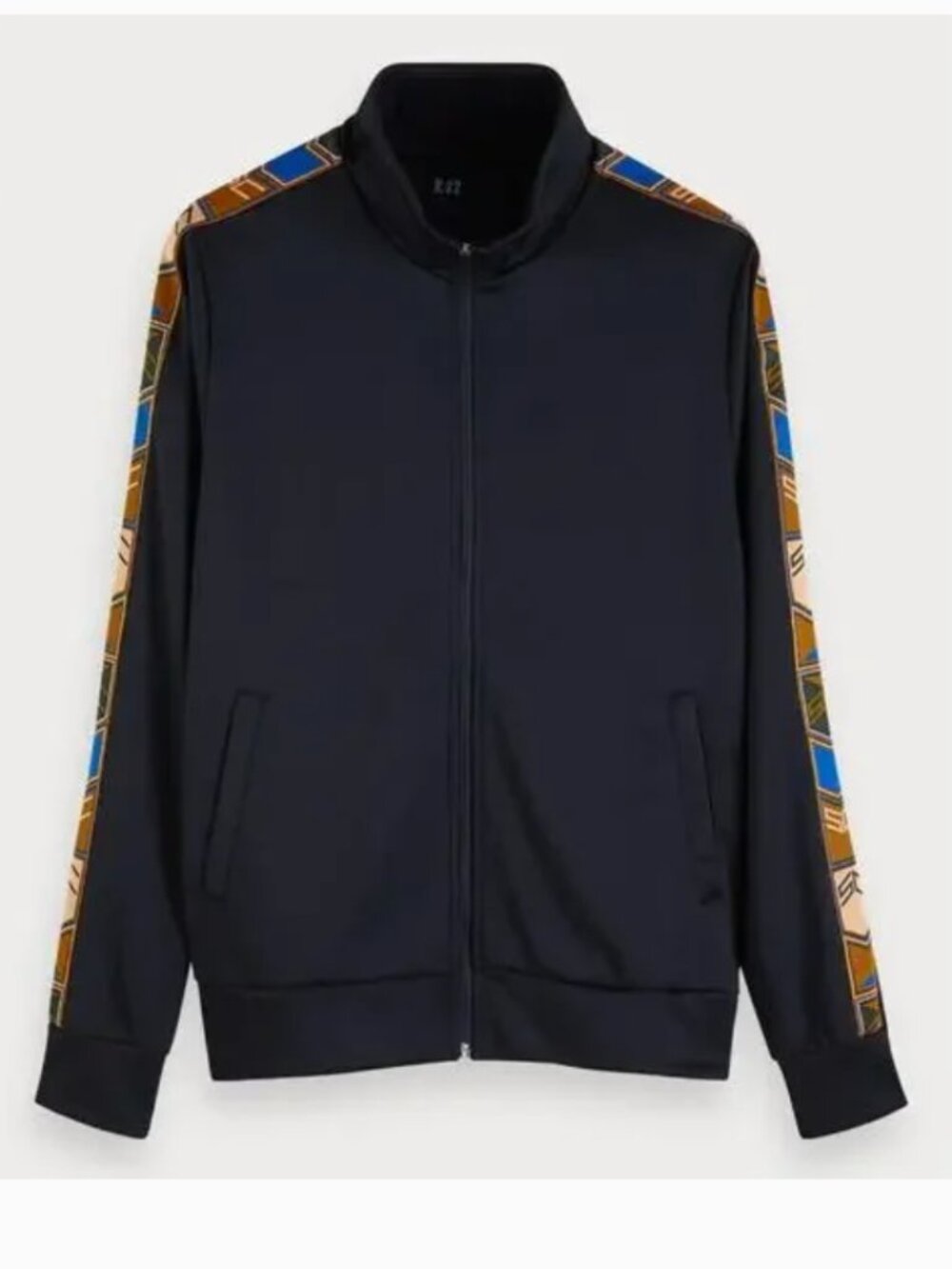 Scotch & Soda Black Performance Track Jacket with Patterned Brown & Blue Trim